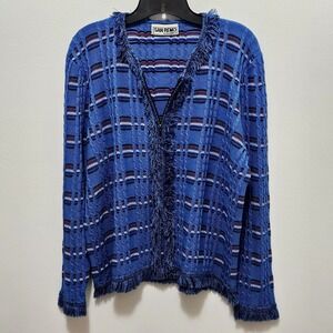 San Remo‎ Laura Knits Cardigan Sz L Zip Front Fringe Red White Blue USA MADE VTG